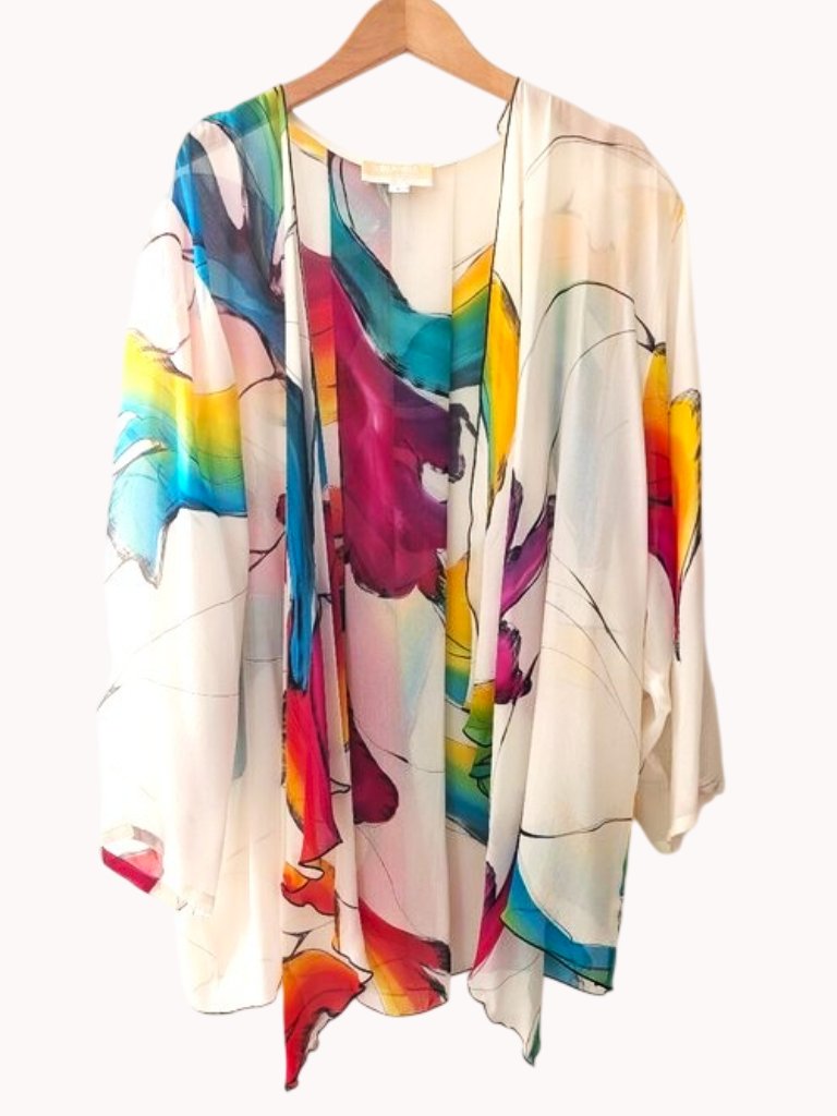Yolanda 100% Silk Sheer Watercolor Floral Cardigan Multicolor Hand Painted Sz L